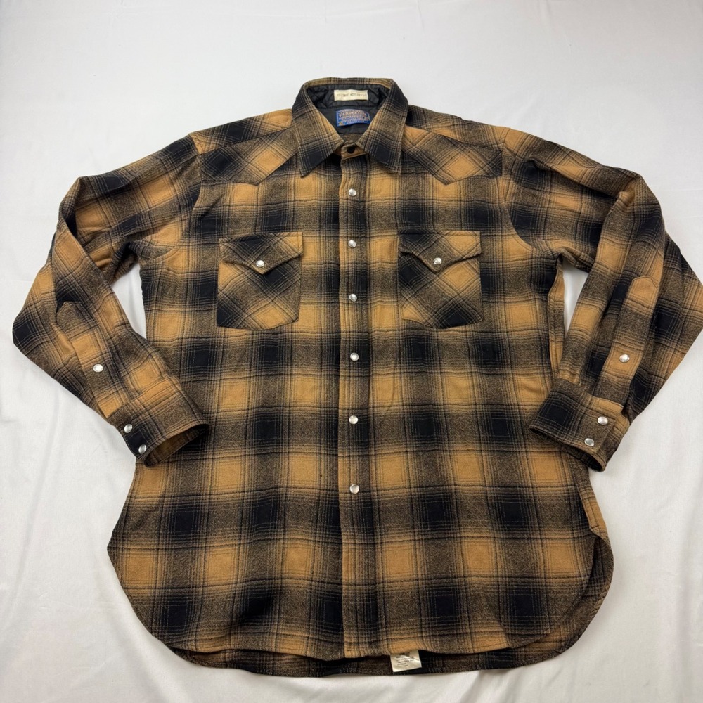 Pendleton Western Shirt Mens L Brown Plaid Wool Pearl Snap High Grade USA